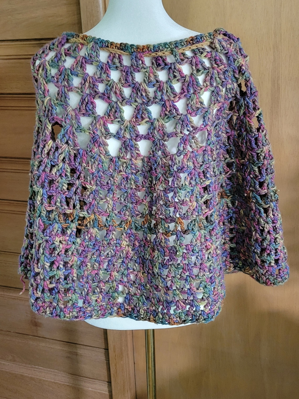 Hand-Crocheted Multicolor Open-Weave Poncho Sweater - Picture 3 of 5